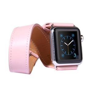 For Apple Watch 42mm Double Circle Style Metal Buckle Cowhide Leather Watch Band with Connector(Pink)