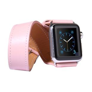 For Apple Watch 38mm Double Circle Style Metal Buckle Cowhide Leather Watch Band with Connector(Pink)
