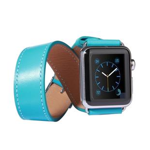 For Apple Watch 38mm Double Circle Style Metal Buckle Cowhide Leather Watch Band with Connector(Blue)