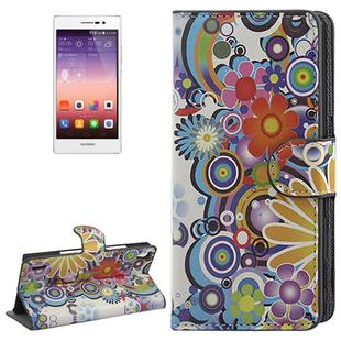 Rainbow Flowers Pattern Button Flip Leather Case with Card Slots & Holder for Huawei Ascend P7