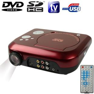 Home Theater Portable DVD Projector with TV Receiver Function (PAL / NTSC / SECAM), AV IN / OUT and Game Function, Support SD / MMC Card / USB Flash Disk, Projection Image Size: 10”-80” EU Plug(Red)