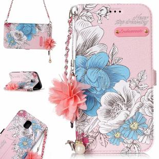 For Galaxy J3 (2017) (EU Version) Pink Background Blue Rose Pattern Horizontal Flip Leather Case with Holder & Card Slots & Pearl Flower Ornament & Chain