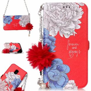 For Galaxy J5 (2017) (EU Version) Red Background Chrysanthemum Pattern Horizontal Flip Leather Case with Holder & Card Slots & Pearl Flower Ornament & Chain