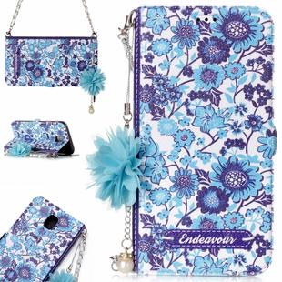For Galaxy J7 (2017) (EU Version) Blue and White Porcelain Pattern Horizontal Flip Leather Case with Holder & Card Slots & Pearl Flower Ornament & Chain