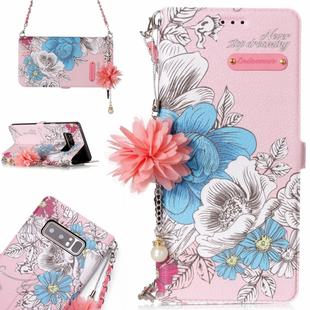 For Galaxy Note 8 Pink Background Blue Rose Pattern Horizontal Flip Leather Case with Holder & Card Slots & Pearl Flower Ornament & Chain