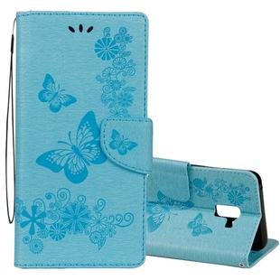 For Galaxy A8 (2018) Vintage Embossed Floral Butterfly Pattern Horizontal Flip Leather Case with Card Slot & Holder & Wallet & Lanyard(Blue)