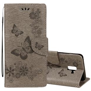 For Galaxy A8+ (2018) Vintage Embossed Floral Butterfly Pattern Horizontal Flip Leather Case with Card Slot & Holder & Wallet & Lanyard(Grey)