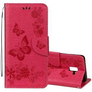 For Galaxy A8+ (2018) Vintage Embossed Floral Butterfly Pattern Horizontal Flip Leather Case with Card Slot & Holder & Wallet & Lanyard(Red)