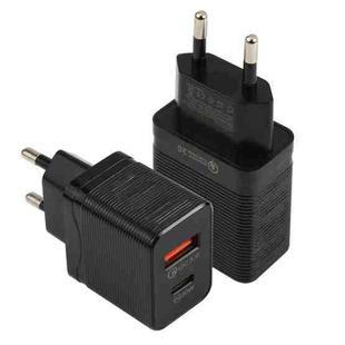 LZ-728 QC 3.0 USB + PD 20W USB-C / Type-C Fast Travel Charger, EU Plug(Black)