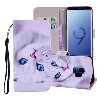 White Cat Pattern Colored Drawing Horizontal Flip Leather Case for Galaxy S9, with Holder & Card Slots & Wallet & Lanyard