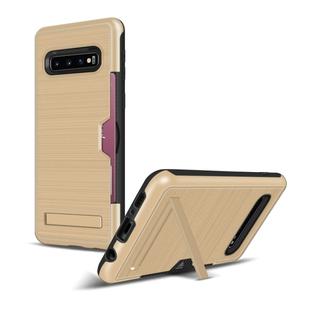 TPU + PC Brushed Texture Protective Back Cover Case for Galaxy S10,with Card Slot & Holder(Gold)