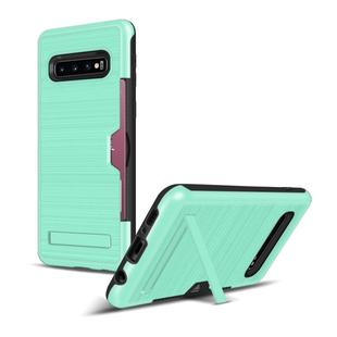 TPU + PC Brushed Texture Protective Back Cover Case for Galaxy S10,with Card Slot & Holder(Mint Green)