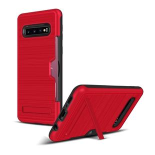 TPU + PC Brushed Texture Protective Back Cover Case for Galaxy S10,with Card Slot & Holder(Red)