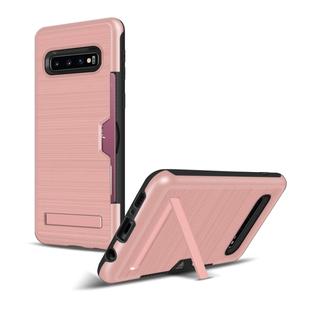 TPU + PC Brushed Texture Protective Back Cover Case for Galaxy S10,with Card Slot & Holder(Rose Gold)