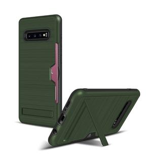 TPU + PC Brushed Texture Protective Back Cover Case for Galaxy S10+,with Card Slot & Holder(Army Green)