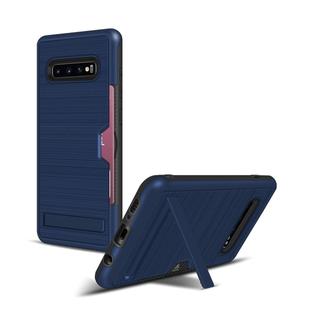 TPU + PC Brushed Texture Protective Back Cover Case for Galaxy S10+,with Card Slot & Holder(Blue)
