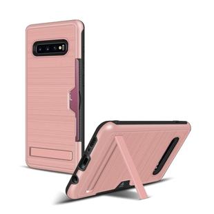 TPU + PC Brushed Texture Protective Back Cover Case for Galaxy S10+,with Card Slot & Holder(Rose Gold)