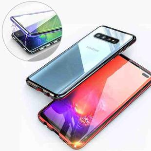 UltUltra Slim Double Sides Magnetic Adsorption Angular Frame Tempered Glass Magnet Flip Case for Galaxy S10, Screen Fingerprint Unlock Is Supported(Black Red)