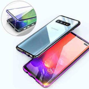 Ultra Slim Double Sides Magnetic Adsorption Angular Frame Tempered Glass Magnet Flip Case for Galaxy S10+, Screen Fingerprint Unlock Is Supported(Black purple)