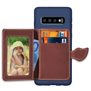 Leaf Magnetic Snap Litchi Texture TPU Protective Case for Galaxy S10+, with Card Slots & Holder & Wallet (Dark Blue)