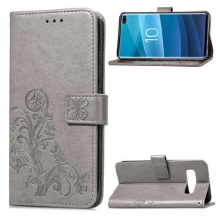 Lucky Clover Pressed Flowers Pattern Leather Case for Galaxy S10+, with Holder & Card Slots & Wallet & Hand Strap(Grey)