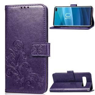 Lucky Clover Pressed Flowers Pattern Leather Case for Galaxy S10+, with Holder & Card Slots & Wallet & Hand Strap(Purple)