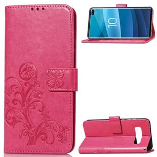 Lucky Clover Pressed Flowers Pattern Leather Case for Galaxy S10+, with Holder & Card Slots & Wallet & Hand Strap(Rose Red)