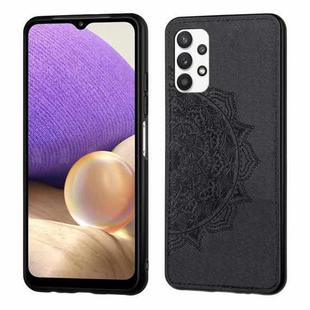 For Samsung Galaxy A32 4G Mandala Embossed Cloth Cover PC + TPU Mobile Phone Case with Magnetic Function and Hand Strap(Black)