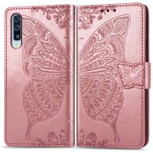Butterfly Love Flowers Embossing Horizontal Flip Leather Case for Galaxy A70, with Holder & Card Slots & Wallet & Lanyard (Rose Gold)