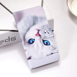 White Cat Pattern Colored Drawing Horizontal Flip Leather Case for Galaxy A7 (2018) / A750, with Holder & Card Slots & Wallet & Lanyard