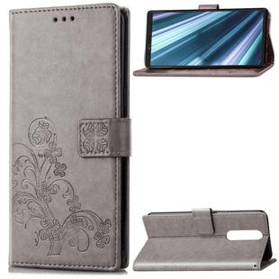 Lucky Clover Pressed Flowers Pattern Leather Case for Sony Xperia 1 / Xperia XZ4, with Holder & Card Slots & Wallet & Hand Strap (Grey)