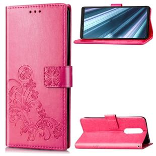 Lucky Clover Pressed Flowers Pattern Leather Case for Sony Xperia 1 / Xperia XZ4, with Holder & Card Slots & Wallet & Hand Strap (Rose Red)