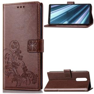 Lucky Clover Pressed Flowers Pattern Leather Case for Sony Xperia 1 / Xperia XZ4, with Holder & Card Slots & Wallet & Hand Strap (Brown)