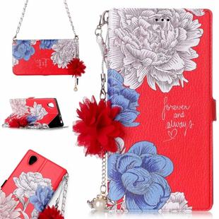 For Sony Xperia L1 Red Background Chrysanthemum Pattern Horizontal Flip Leather Case with Holder & Card Slots & Pearl Flower Ornament & Chain