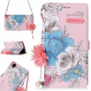 For Sony Xperia L1 Pink Background Blue Rose Pattern Horizontal Flip Leather Case with Holder & Card Slots & Pearl Flower Ornament & Chain