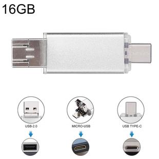 16GB 3 in 1 USB-C / Type-C + USB 2.0 + OTG Flash Disk, For Type-C Smartphones & PC Computer(Silver)