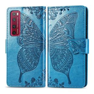 For Huawei Nova 7 Pro Butterfly Love Flower Embossed Horizontal Flip Leather Case with Bracket / Card Slot / Wallet / Lanyard(Blue)