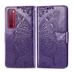 For Huawei Nova 7 Pro Butterfly Love Flower Embossed Horizontal Flip Leather Case with Bracket / Card Slot / Wallet / Lanyard(Dark Purple)