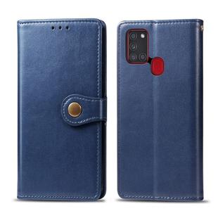 For Samsung Galaxy A21S Retro Solid Color Leather Buckle Phone Case with Lanyard & Photo Frame & Card Slot & Wallet & Stand Function(Blue)