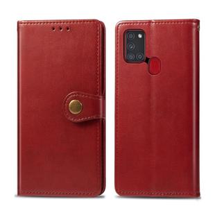 For Samsung Galaxy A21S Retro Solid Color Leather Buckle Phone Case with Lanyard & Photo Frame & Card Slot & Wallet & Stand Function(Red)