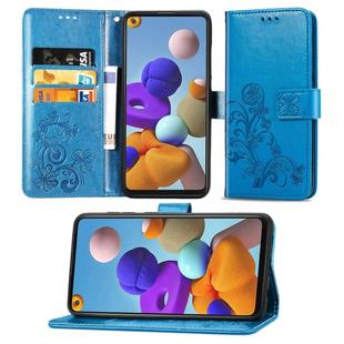 For Samsung Galaxy A21s Lucky Clover Pressed Flowers Pattern Leather Case with Holder & Card Slots & Wallet & Hand Strap(Blue)