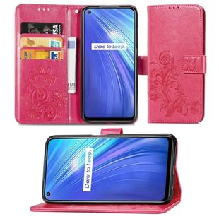For OPPO Realme 6 Four-leaf Clasp Embossed Buckle Mobile Phone Protection Leather Case with Lanyard & Card Slot & Wallet & Bracket Function(Magenta)