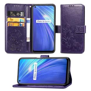 For OPPO Realme 6 Four-leaf Clasp Embossed Buckle Mobile Phone Protection Leather Case with Lanyard & Card Slot & Wallet & Bracket Function(Purple)