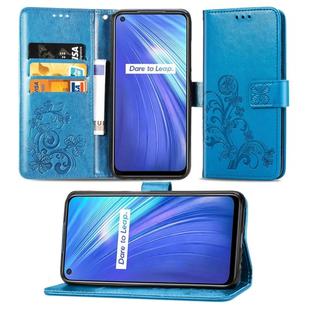For OPPO Realme 6 Four-leaf Clasp Embossed Buckle Mobile Phone Protection Leather Case with Lanyard & Card Slot & Wallet & Bracket Function(Blue)