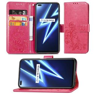 For OPPO Realme 6 Pro Four-leaf Clasp Embossed Buckle Mobile Phone Protection Leather Case with Lanyard & Card Slot & Wallet & Bracket Function(Magenta)