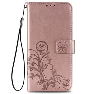 For Huawei Honor 9A Four-leaf Clasp Embossed Buckle Mobile Phone Protection Leather Case with Lanyard & Card Slot & Wallet & Bracket Function(Rose Gold)