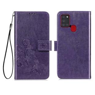 For Samsung Galaxy A21s Four-leaf Clasp Embossed Buckle Mobile Phone Protection Leather Case with Lanyard & Card Slot & Wallet & Bracket Function(Purple)