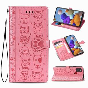 For Samsung Galaxy A21s Lovely Cat and Dog Embossing Pattern Horizontal Flip Leather Case , with Holder & Card Slots & Wallet & Cartoon Clasp & Lanyard(Pink)