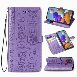 For Samsung Galaxy A21s Lovely Cat and Dog Embossing Pattern Horizontal Flip Leather Case , with Holder & Card Slots & Wallet & Cartoon Clasp & Lanyard(Purple)