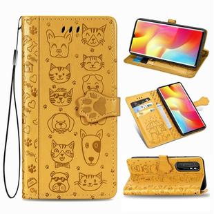 For Xiaomi Mi Note 10 Lite Lovely Cat and Dog Embossing Pattern Horizontal Flip Leather Case , with Holder & Card Slots & Wallet & Cartoon Clasp & Lanyard(Yellow)